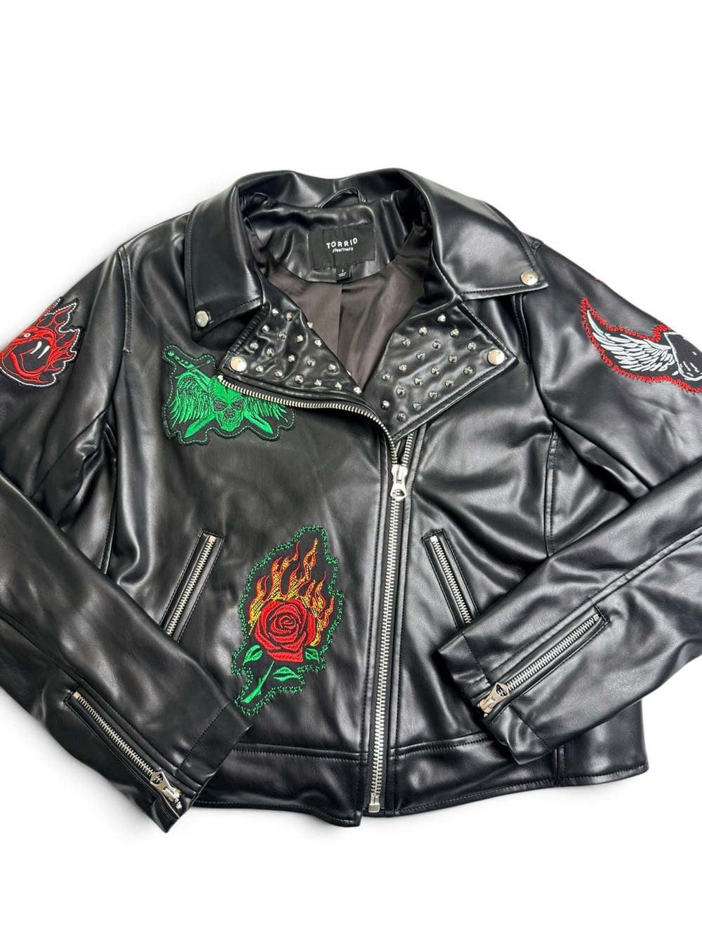 Torrid Size 1 Black Faux Leather Moto Jacket Tattoo Patch Studded Biker
